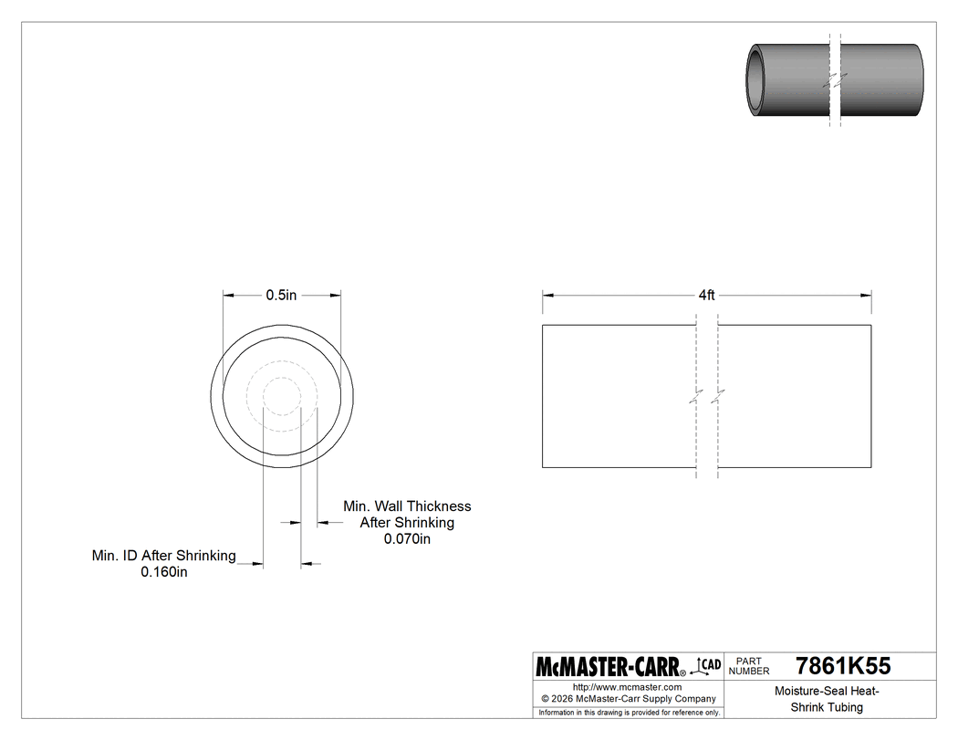 Technical Drawing of Moisture-Seal Heat-Shrink Tubing, Semi-Rigid, 3:1 Shrink, 0.5" ID Before Shrink, 4' Long.
